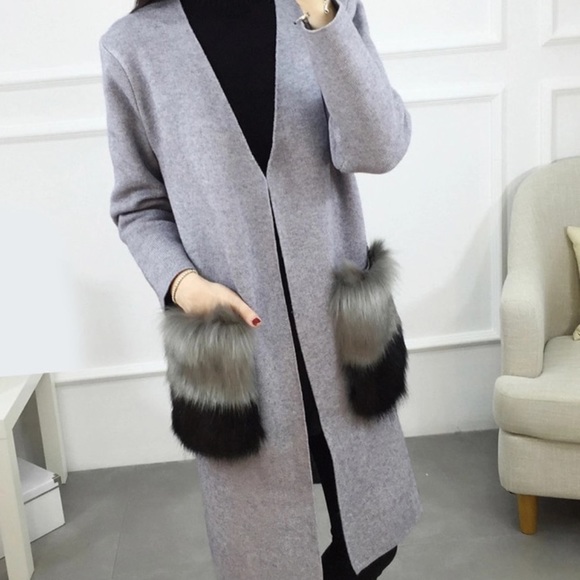 Grey Long Cardigan With Detachable Fur Pockets - Picture 4 of 8